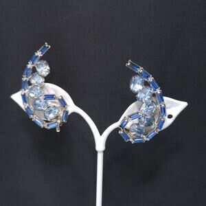 Vintage 1960s Light Blue Rhinestone Ear Climber Clip Earrings, Rhodium Plated